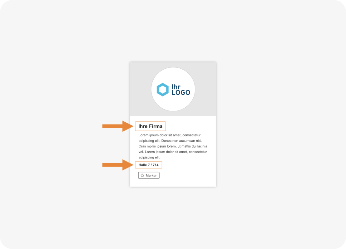 Screenshot eines Firmenprofils auf der Website mit hervorgehobenem Firmennamen und Hallenangabe durch orangefarbene Pfeile.