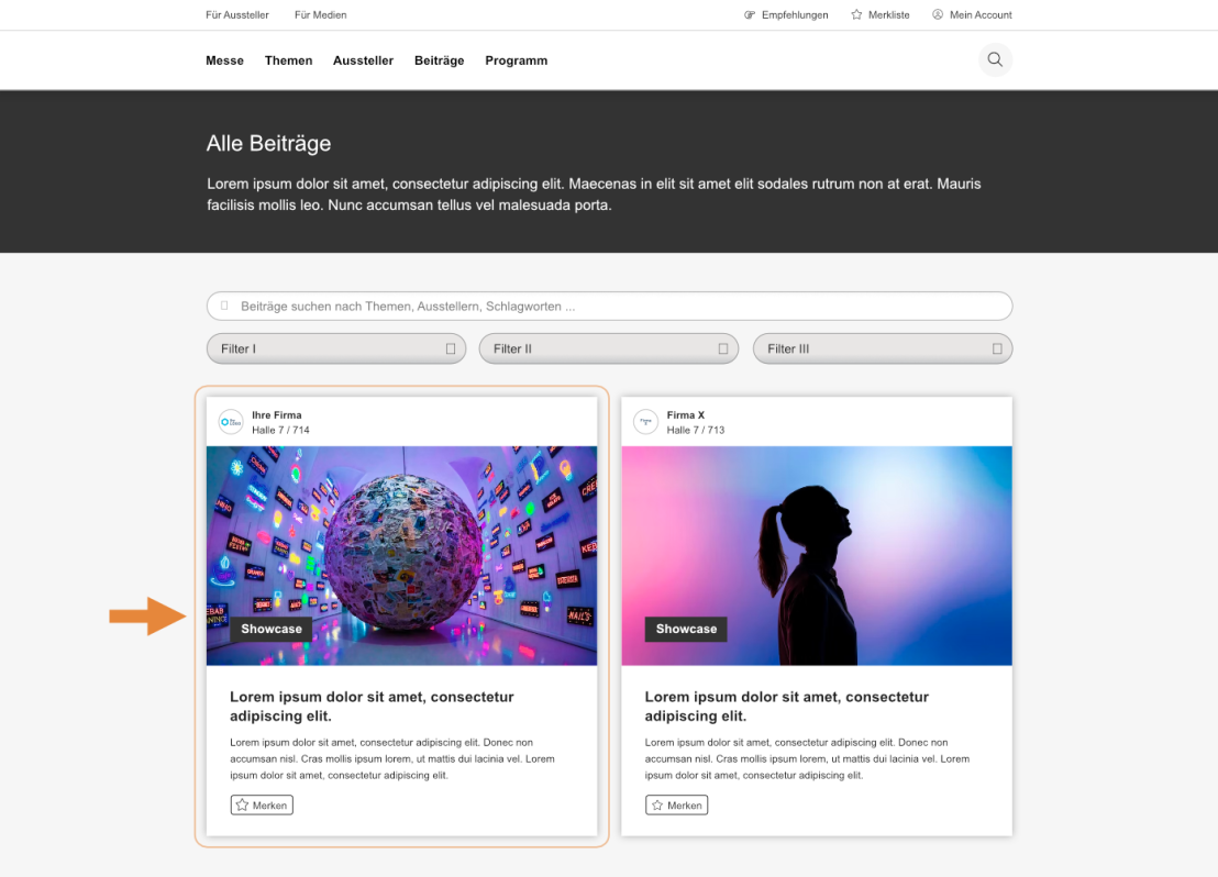 Eine Webseite mit dem Abschnitt „Alle Beiträge“. Filteroptionen sind sichtbar. Zwei Kacheln mit Messebeiträgen werden hervorgehoben – die linke mit einer bunt beleuchteten Kugel, die rechte mit einer Person im Gegenlicht.